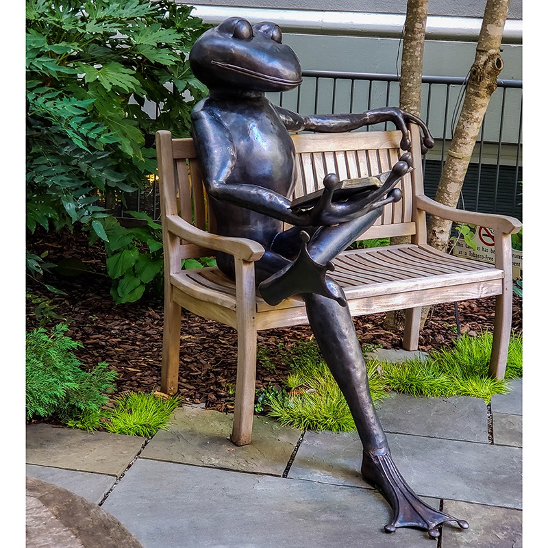 frog reading bronze statue