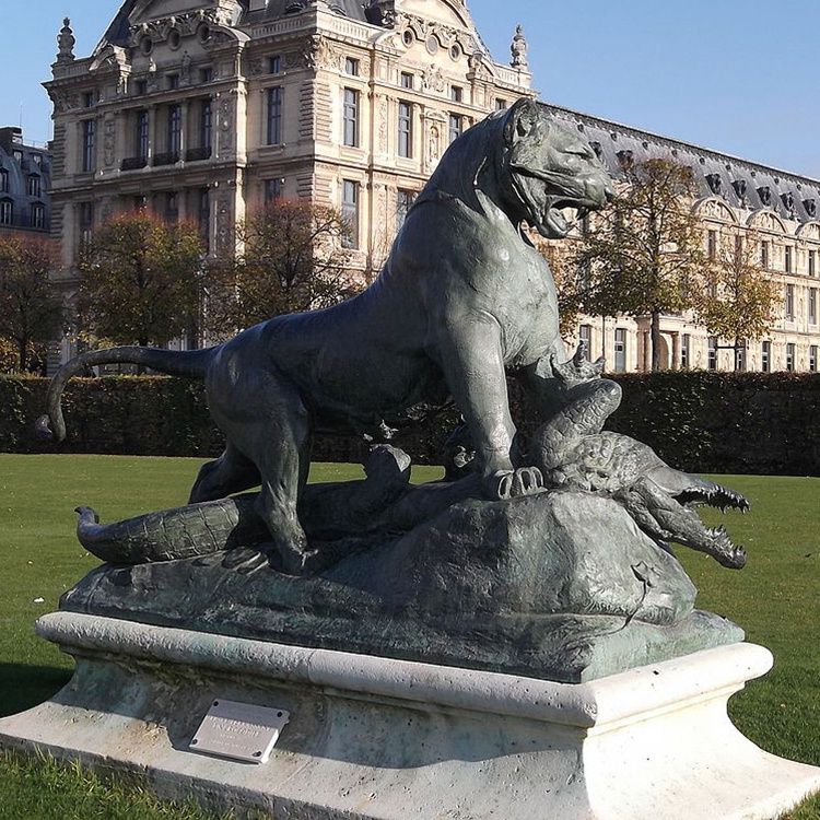 bronze tiger pushes crocodile sculpture