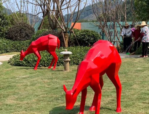 Modern Contemporary Garden Art Decor Popular Standing Stainless Steel Red Deer Statue Bowing to Eat Grass