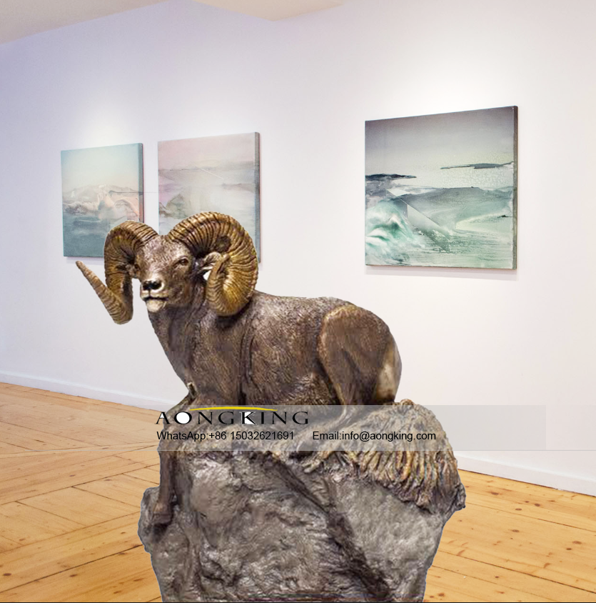 Bronze Animal Art Argali Sheep on the Stone sculpture