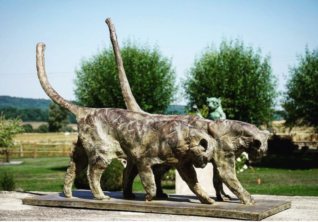 Walking Side by Side Two Leopards Bronze Sculpture