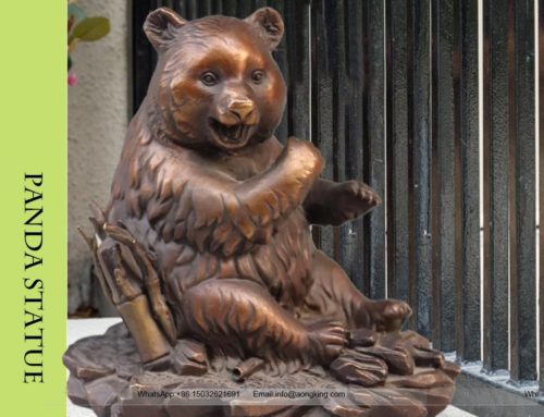 Large Bronze Life Size Statue of Funny Animals Panda Eating Bamboo
