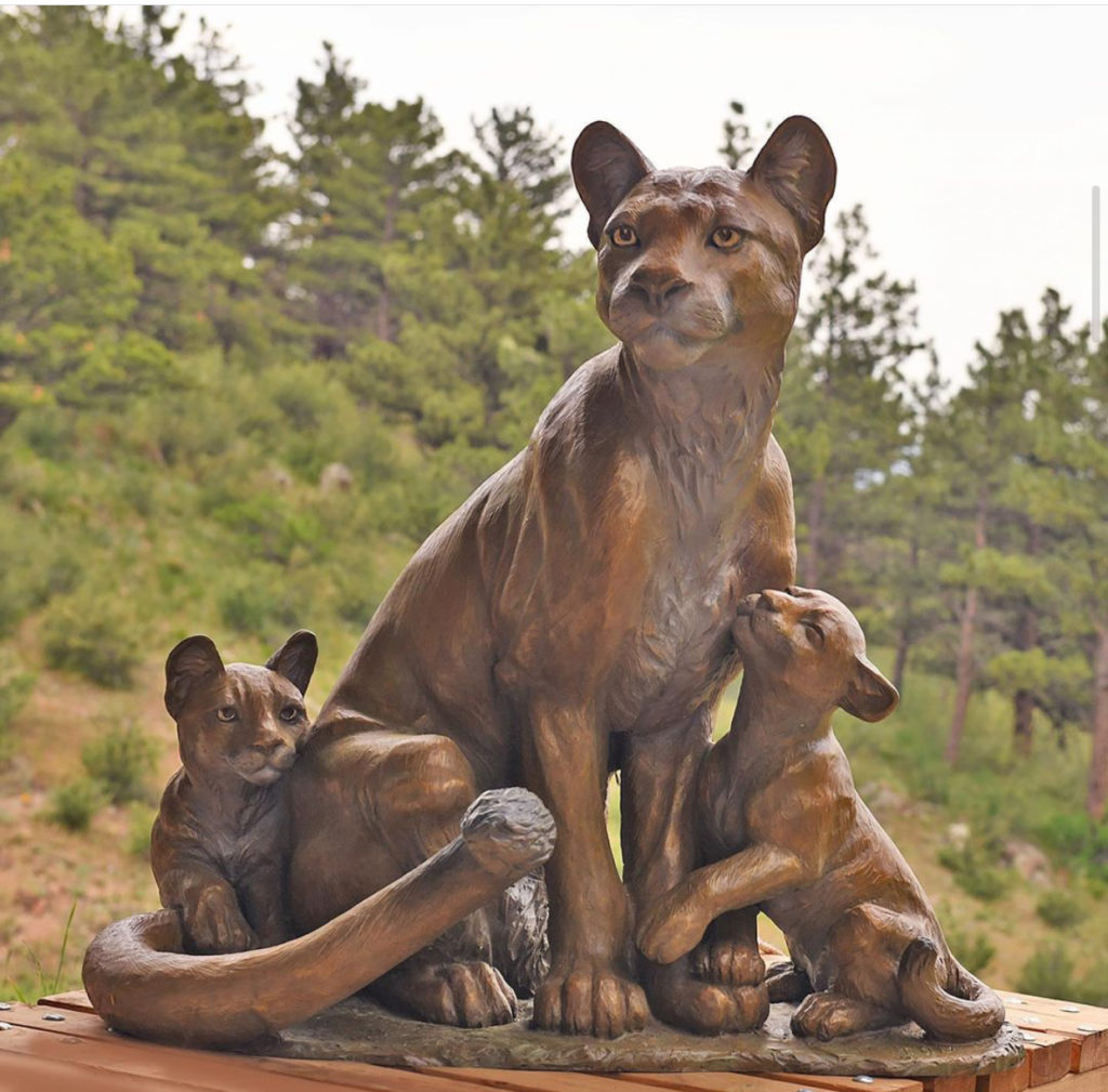 Mountain Love Life Size Bronze Cougar with Cubs Sculpture