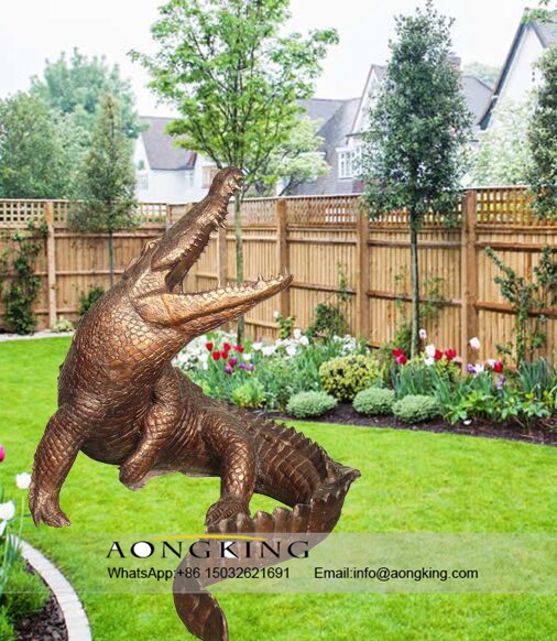 Bronze Opened Big Mouth Crocodile Garden Lawn Ornament Statue