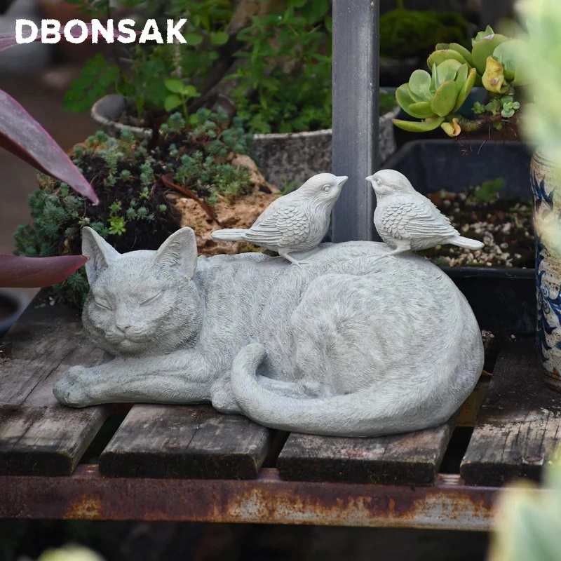 Hand Carved Life Size Grey Cat Garden Ornament