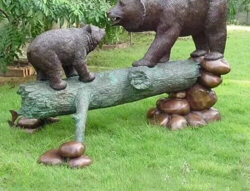 Bronze Black Bear Lawn Ornaments Standing on a Tree Stump