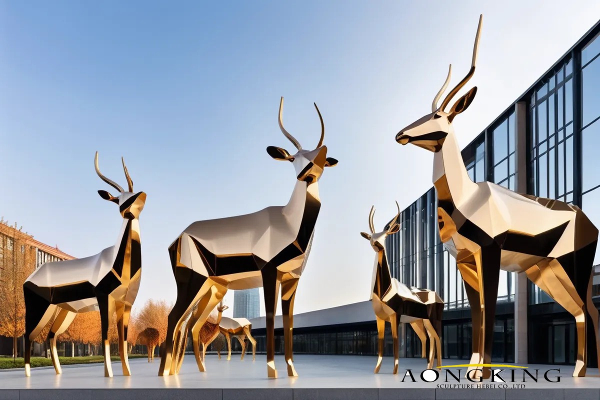 metal mirror geometric deer statues
