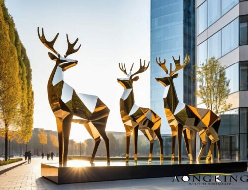 Modern Polished Metal Mirror Geometric Deer Statues